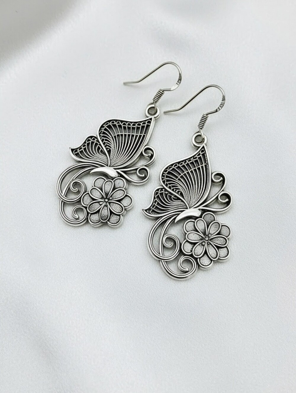 Vintage Style Silver Butterfly Floral Drop Earrings - Women Jewelry